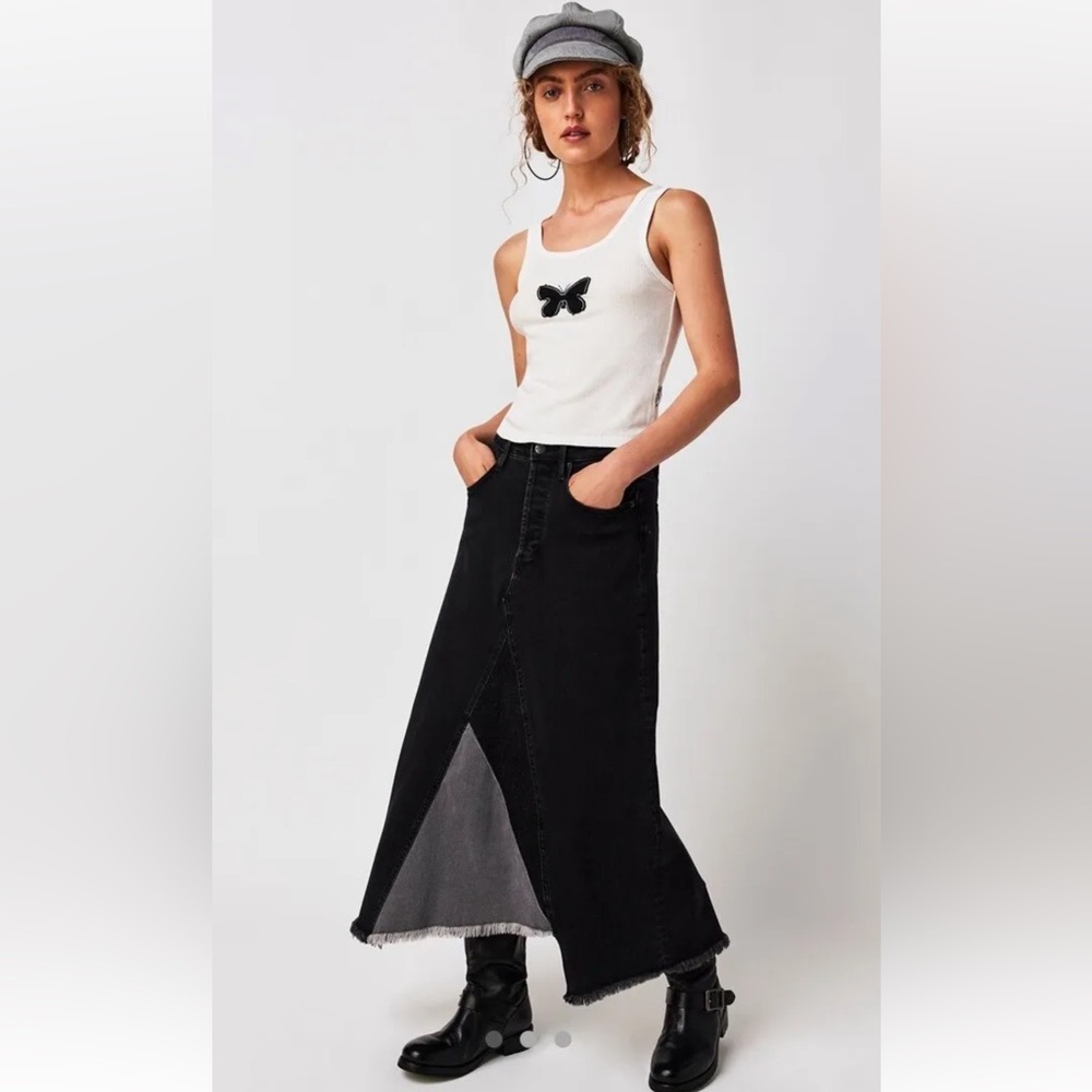 Free People Driftwood Katie Midi Maxi Skirt Denim Asymmetrical Fray Hem